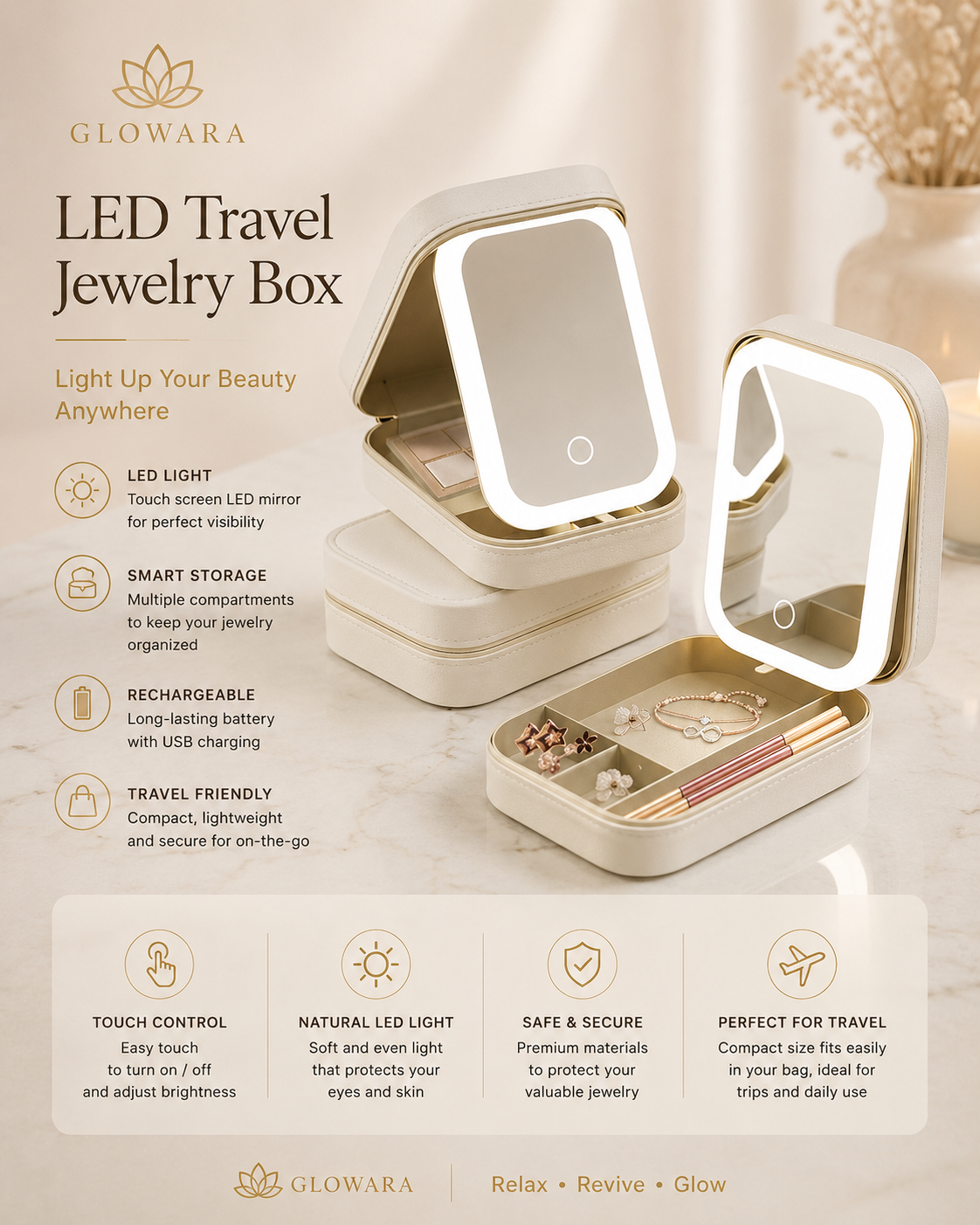 Makeup Storage Box With LED Light Mirror Portable Travel Makeup Cosmetics Storage Box Touch Light Storage Organizer