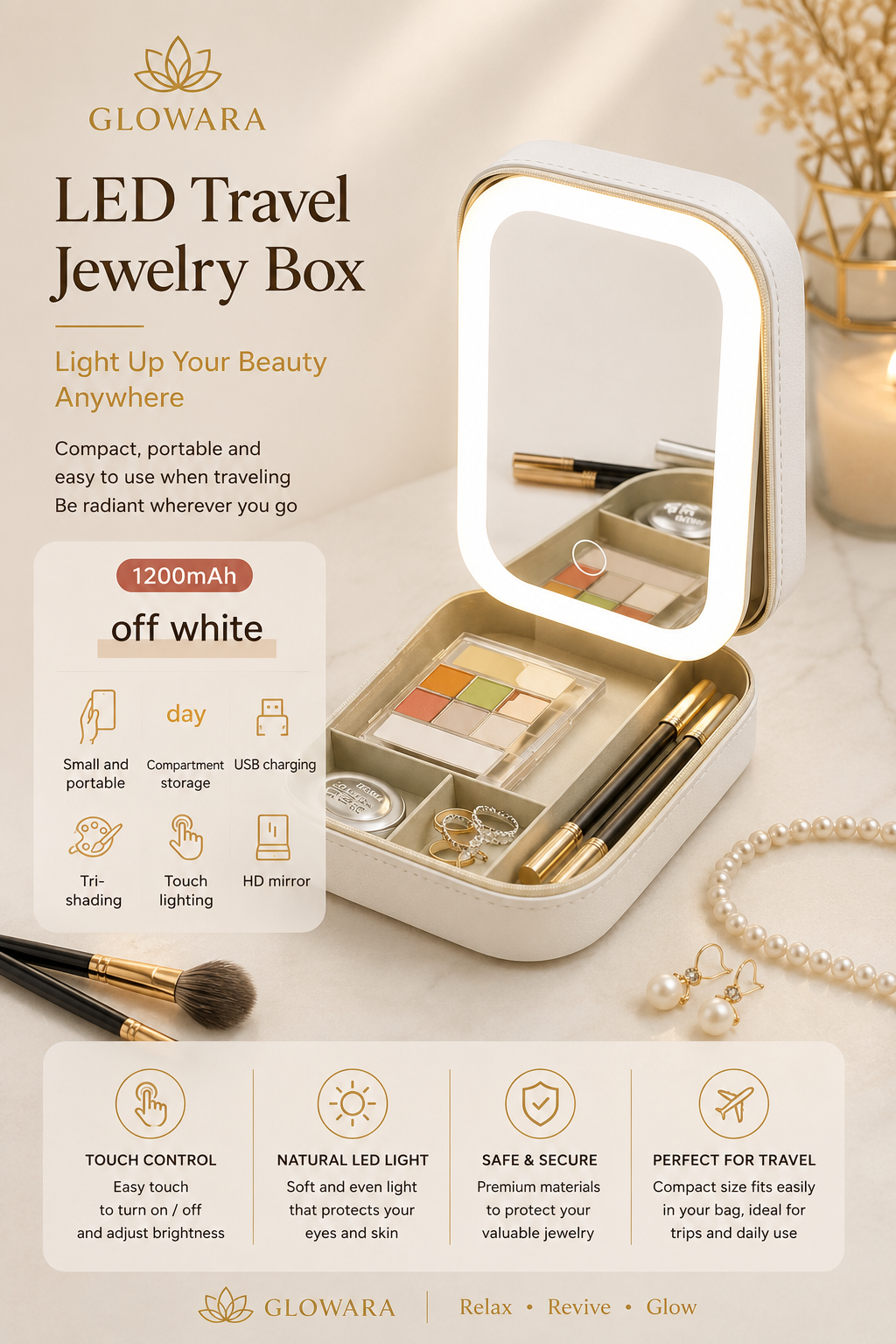 Makeup Storage Box With LED Light Mirror Portable Travel Makeup Cosmetics Storage Box Touch Light Storage Organizer