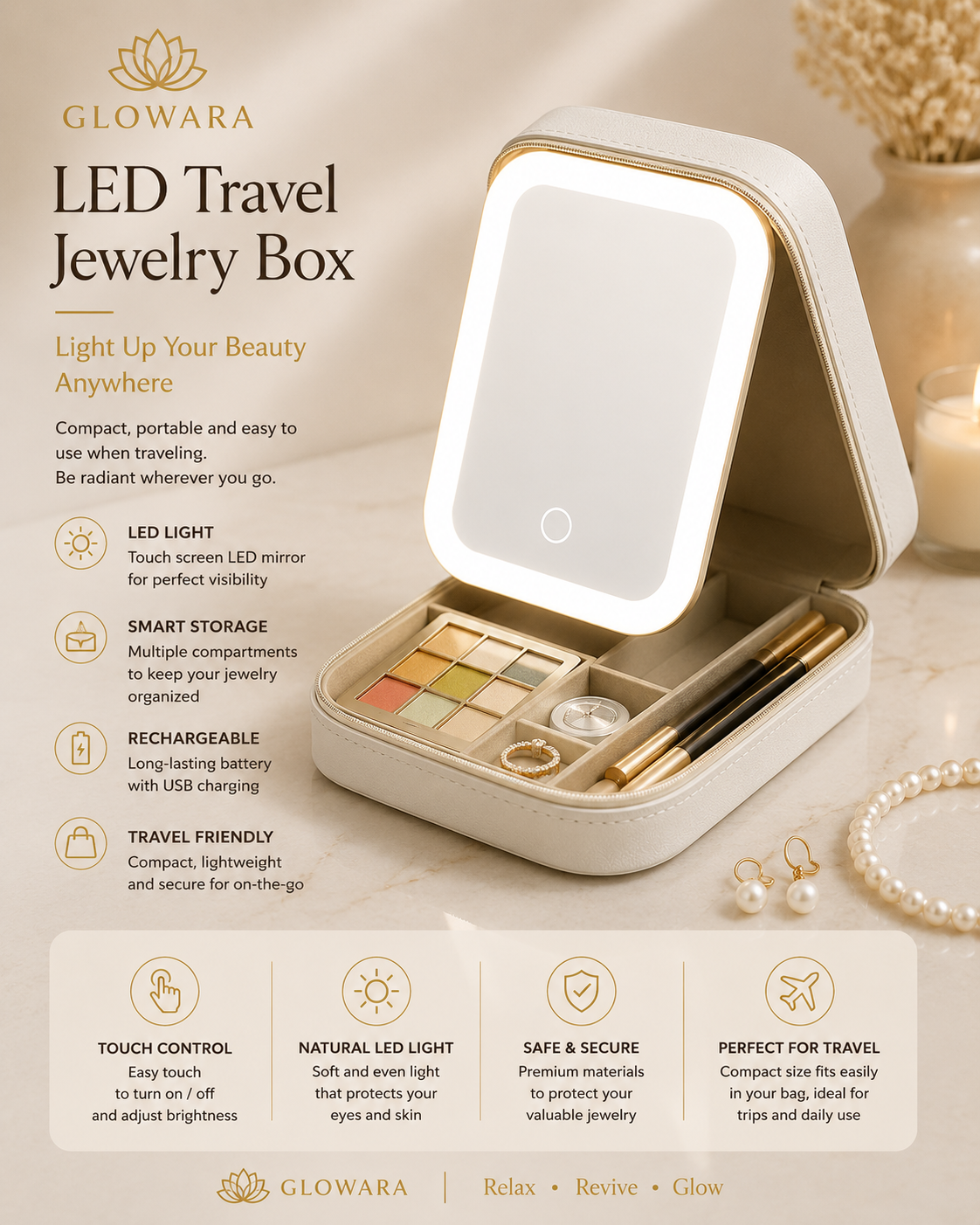 Makeup Storage Box With LED Light Mirror Portable Travel Makeup Cosmetics Storage Box Touch Light Storage Organizer